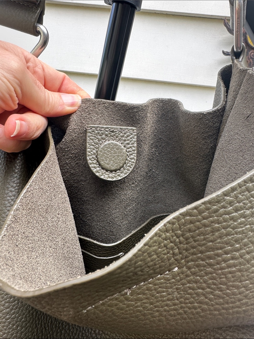 All Saints Textured Olive Green Pebbled Leather Shoulder Bag - Picture 3 of 10